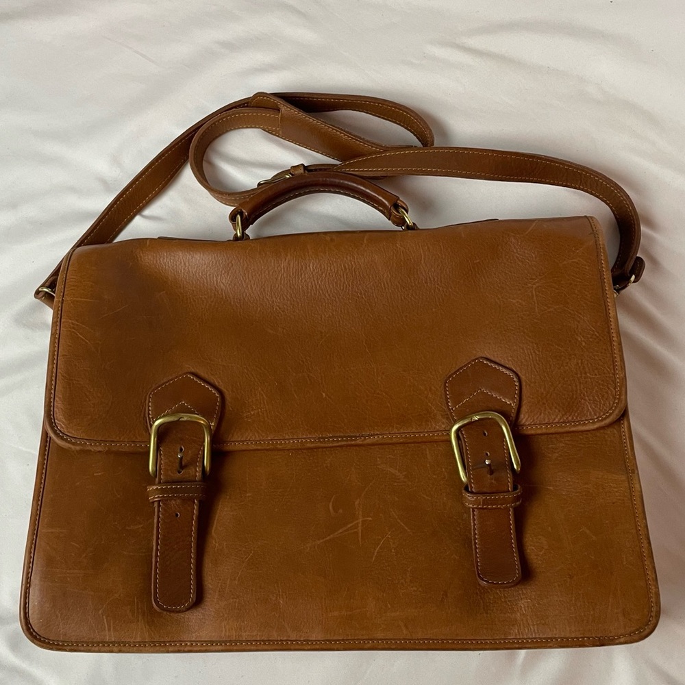 Aston Leather Triple Compartment Briefcase Tan Removable Strap Expanding EUC